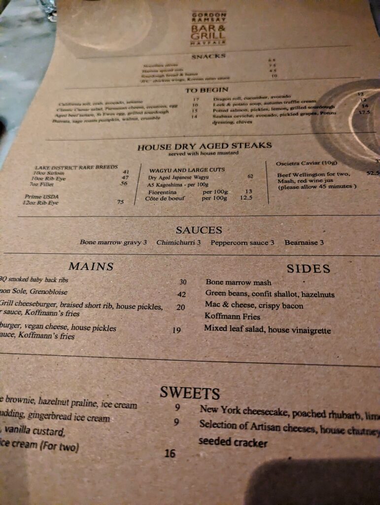 The Menu at Gordon Ramsay Bar and Grill in Mayfair London UK