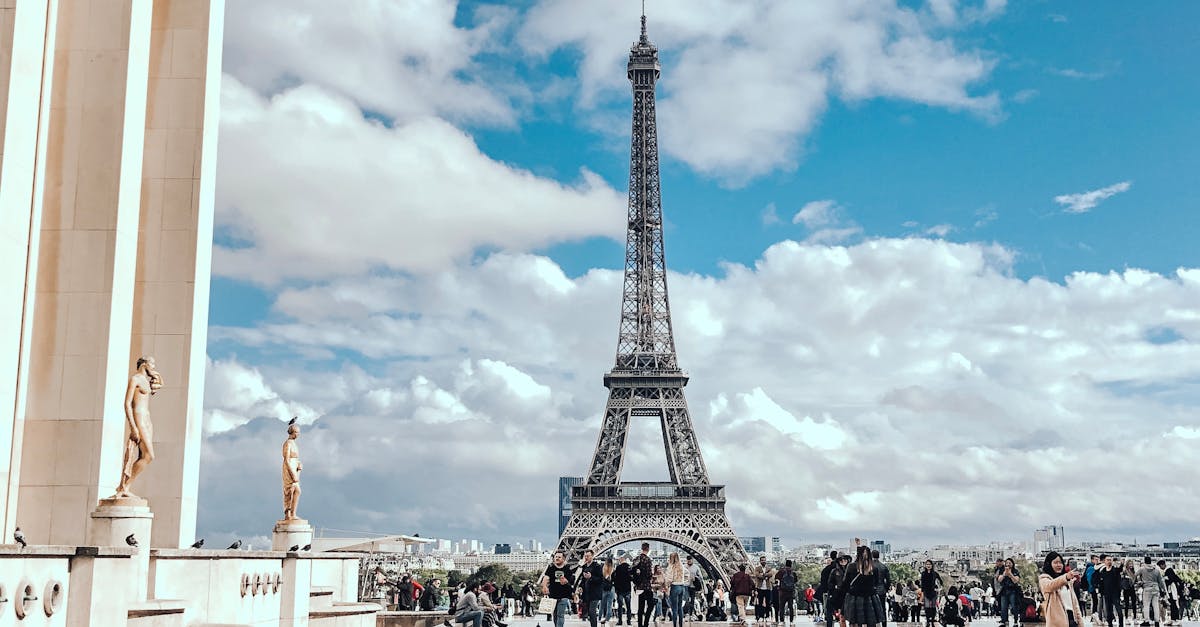 A scenic view of the Eiffel Tower in Paris with tourists on a sunny day. Captured from Trocadéro plaza.